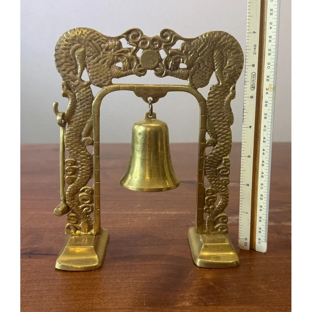 VINTAGE BRASS BELL & MALLOT Asian DRAGON STAND GREAT BELL TONE 7